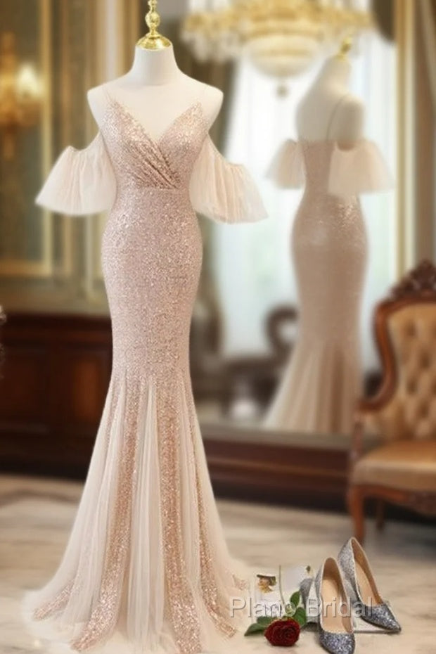 Sequins And Tulle Mermaid Long Party Dresses Formal Prom Dresses, Off Shoulder Formal Dresses Main image