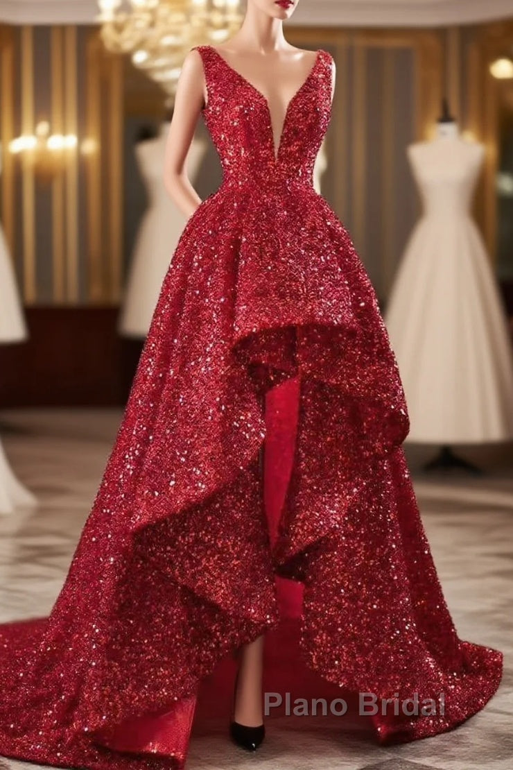 Sequins Asymmetrical Red Evening Dresses Sleeveless Deep-V Formal Prom Formal Dresses Main image
