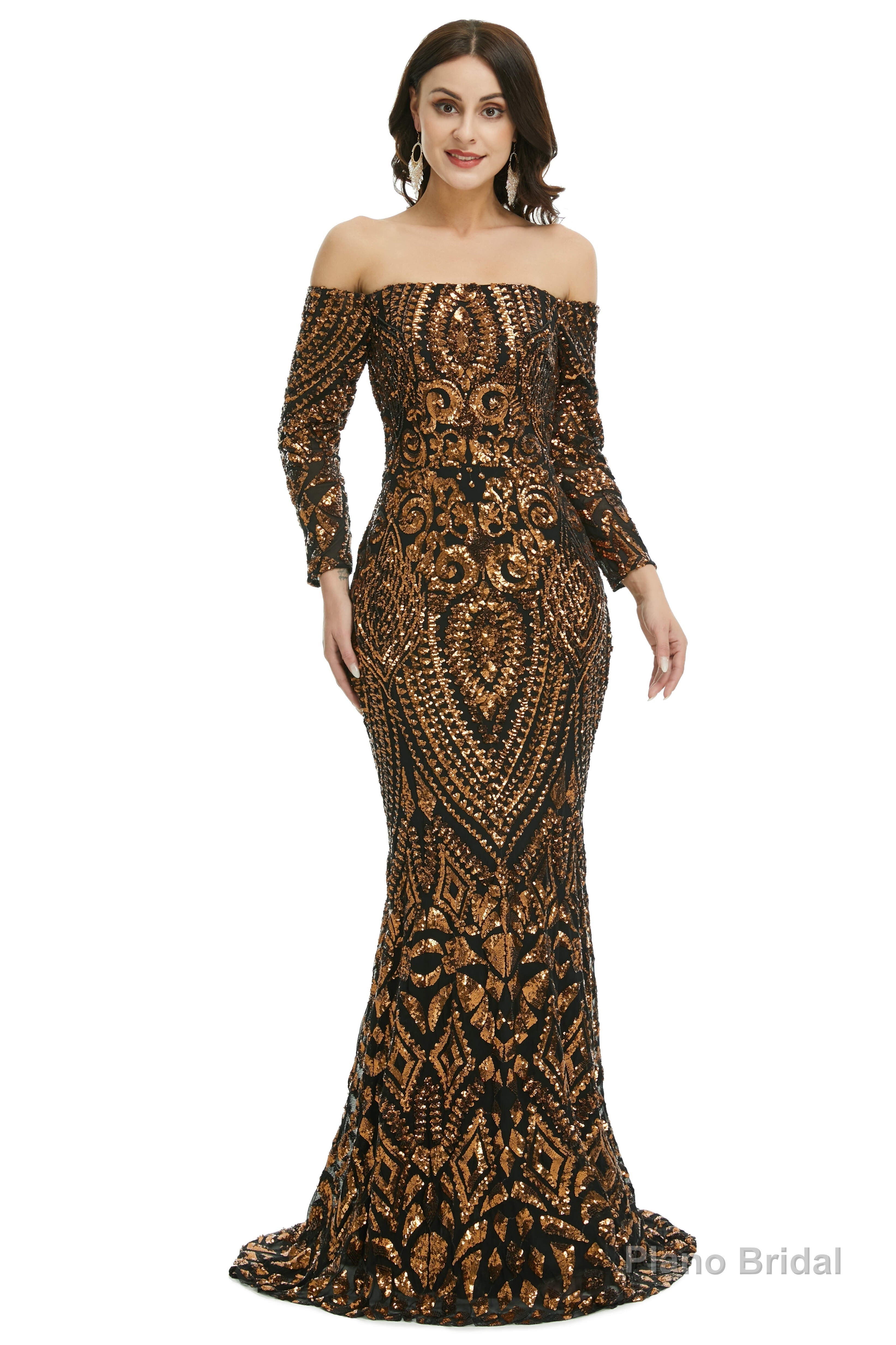 Sequins Mermaid Long Sleeves Off the Shoulder Evening Dresses