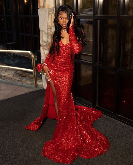 Sequins Formal Prom Dresses, Red Formal Prom Dresses, Mermaid Formal Prom Dresses