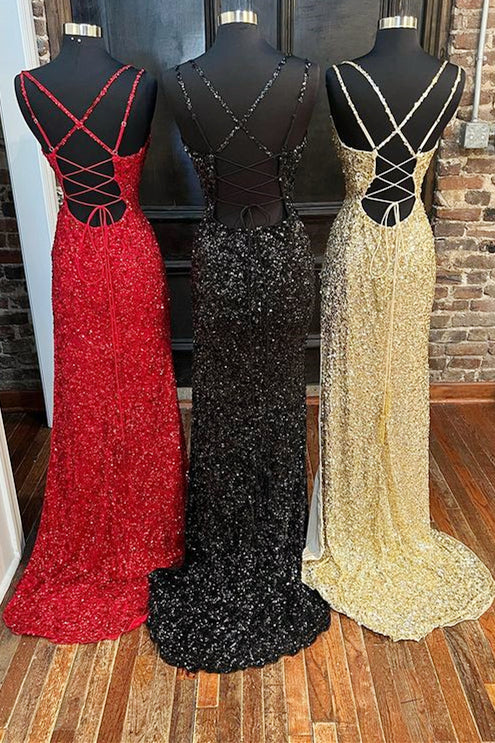 Sequins Queen Anne Lace-Up Long Formal Prom Dresses With Slit Secondary image