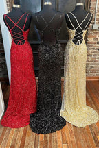 Sequins Queen Anne Lace-Up Long Formal Prom Dresses With Slit