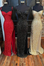 Sequins Queen Anne Lace-Up Long Formal Prom Dresses With Slit