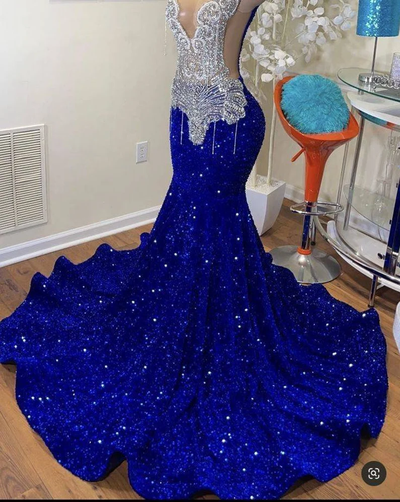 Sequins Royal Blue Long Formal Prom Dresses Beaded Wedding Dresses Reception Dresses Renewal Dresses