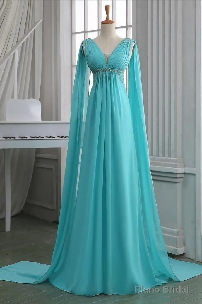 Sequins Ruched V Neck Empire Prom Dress, Turquoise Floor Length Sweep Train Prom Dress, Unique Lace-up Long Chiffon Prom Dress Main image