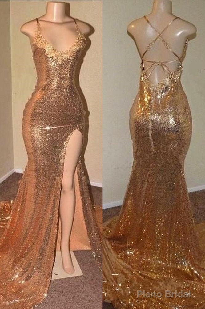 Sequins Sleeveless Front Slit Floor Length Mermaid Dresses Main image