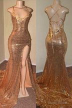 Sequins Sleeveless Front Slit Floor Length Mermaid Dresses