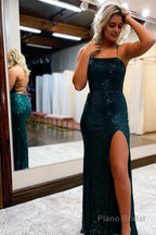 Sequins Spaghetti Straps Sheath Burgundy Prom Dress with Slit