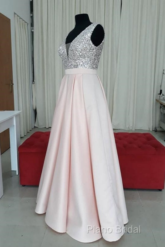 Sequins V-Neck Floor Length Satin Formal Prom Dresses