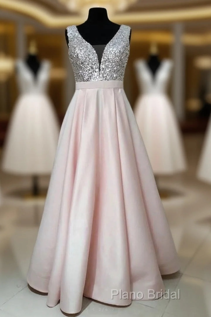 Sequins V-Neck Floor Length Satin Formal Prom Dresses