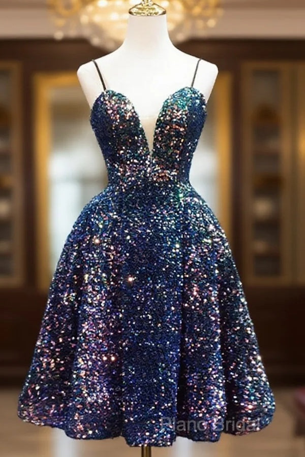 Sequins V-Neckline Short Straps Homecoming Dresses, Short Sequins Formal Prom Dresses Main image