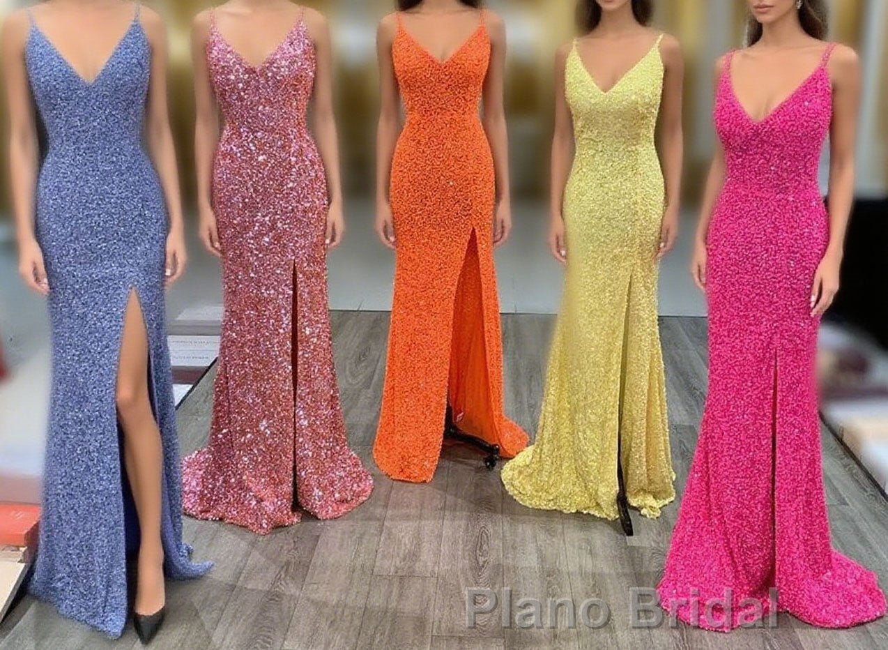 Mermaid Yellow Sequins Long Formal Prom Dresses with Slit