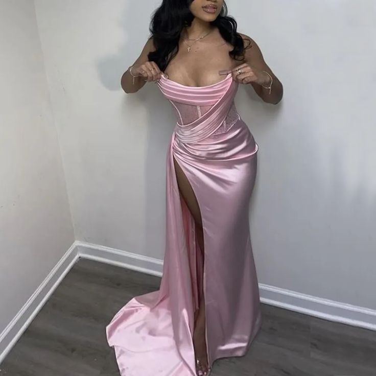 Sexy 17Th Birthday Dresses Stapless Mermaid Formal Prom Dresses For Black Girls Thigh-High Slits Pleats Beading Birthday Outfits