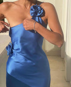 Sexy A Line Backless Royal Blue Satin Formal Prom Dresses