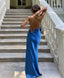 Sexy A Line Backless Royal Blue Satin Formal Prom Dresses