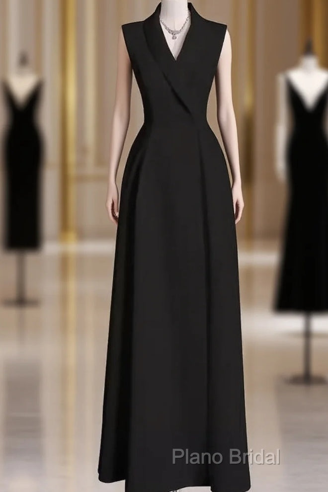 Sexy A Line Black Satin Party Dresses Long Formal Prom Dresses Main image