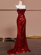 Sexy Mermaid Burgundy Sequin Long Formal Prom Dresses
