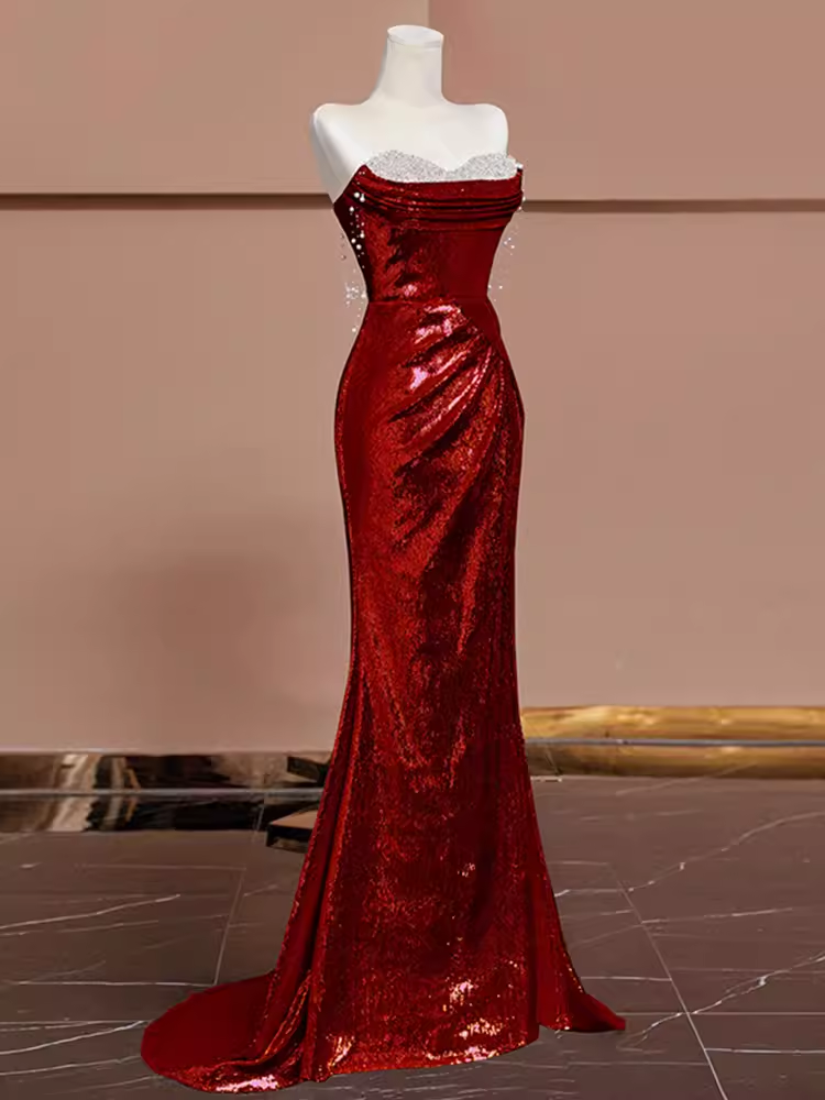 Sexy Mermaid Burgundy Sequin Long Formal Prom Dresses