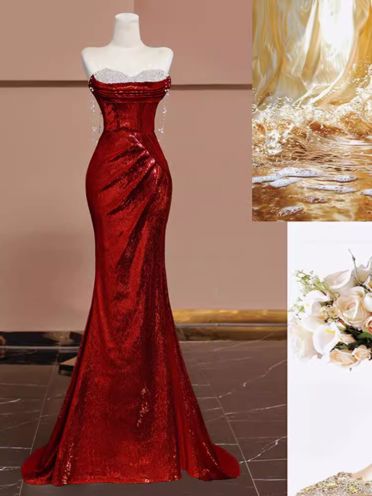 Sexy Mermaid Burgundy Sequin Long Formal Prom Dresses