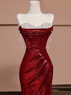 Sexy Mermaid Burgundy Sequin Long Formal Prom Dresses