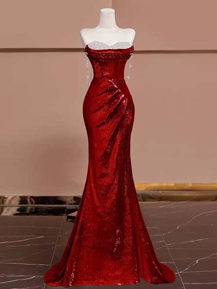 Sexy Mermaid Burgundy Sequin Long Formal Prom Dresses