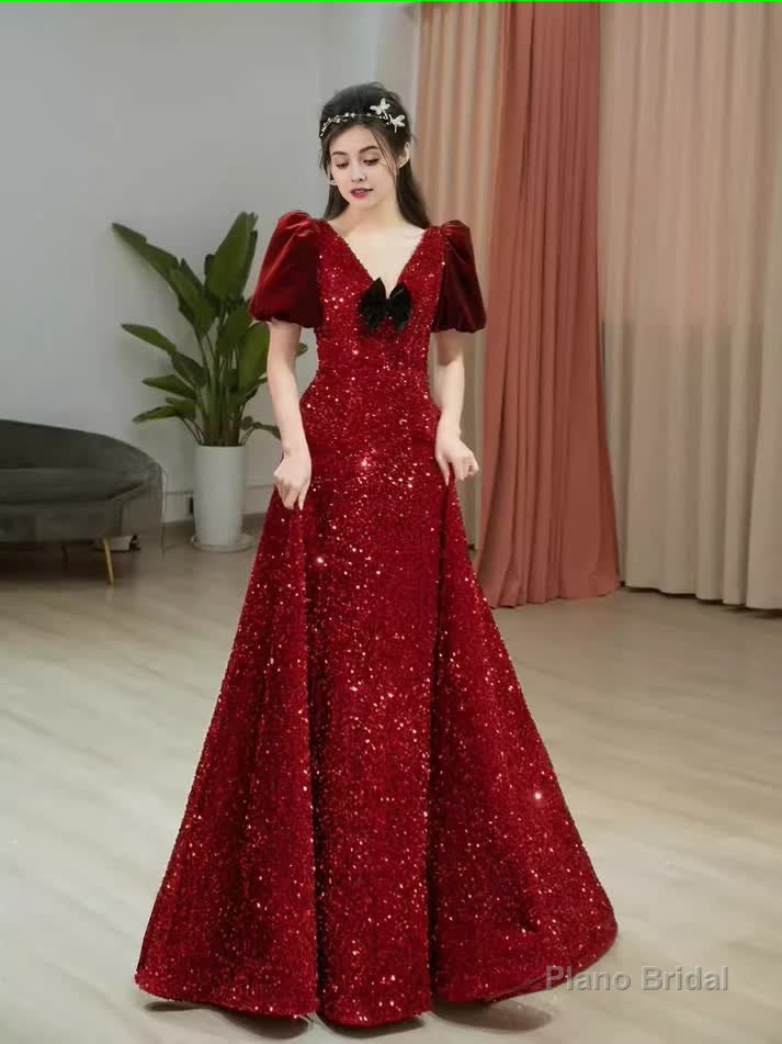 Sexy A line Burgundy Sequin Prom Dresses Evening Dress Secondary image