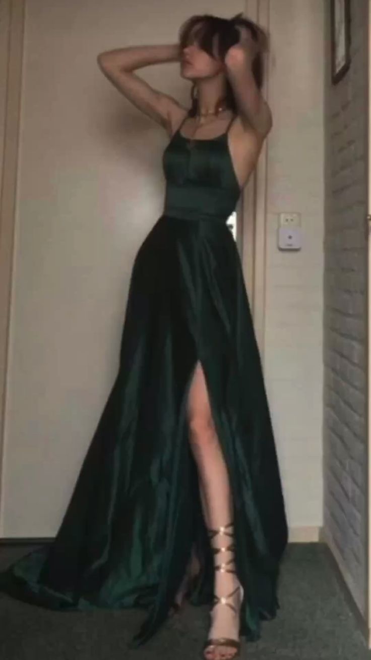 Sexy A Line Halter Dark Green Satin Long Formal Evening Gowns Formal Prom Dresses Secondary image