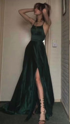 Sexy A Line Halter Dark Green Satin Long Formal Evening Gowns Formal Prom Dresses