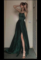 Sexy A Line Halter Dark Green Satin Long Formal Evening Gowns Formal Prom Dresses