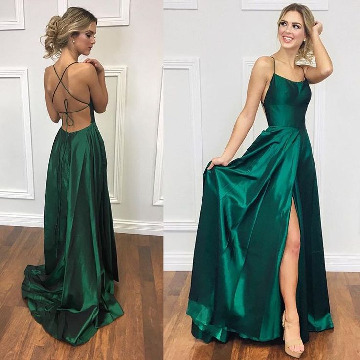 Sexy A Line Halter Dark Green Satin Long Formal Evening Gowns Formal Prom Dresses