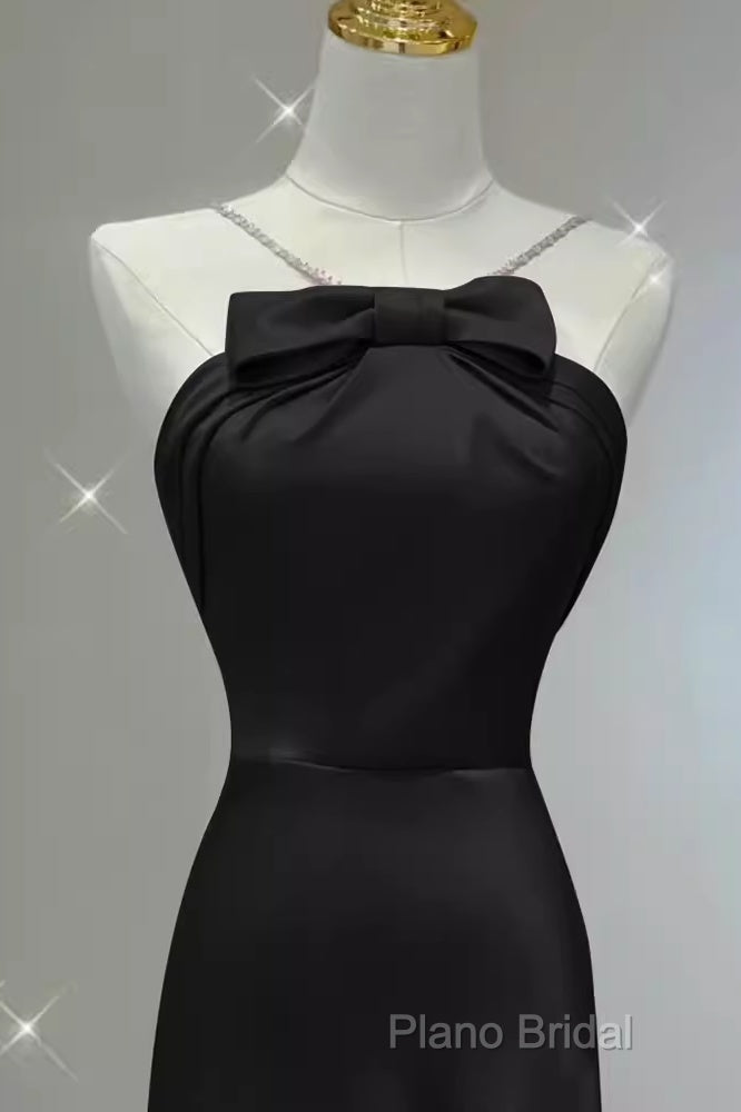 Sexy A Line Halter Long Black Satin Formal Prom Dresses