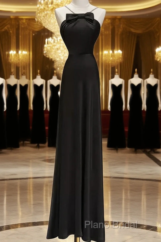 Sexy A Line Halter Long Black Satin Formal Prom Dresses Main image