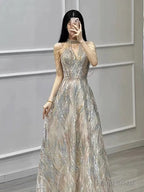 Sexy A Line High Neckline Sequin Long Evening Dress Prom Dresses