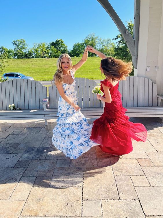 Sexy A Line Long Blue Floral Formal Prom Dresses Blue And White Party Dresses Secondary image