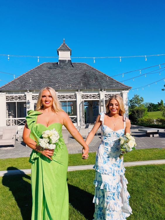 Sexy A Line Long Blue Floral Formal Prom Dresses Blue And White Party Dresses