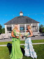 Sexy A Line Long Blue Floral Formal Prom Dresses Blue And White Party Dresses