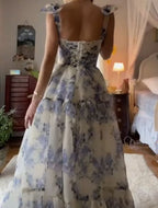 Sexy A Line Long Blue Floral Formal Prom Dresses Blue And White Party Dresses