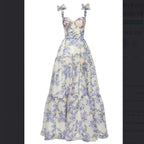 Sexy A Line Long Blue Floral Formal Prom Dresses Blue And White Party Dresses