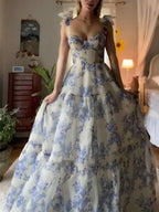 Sexy A Line Long Blue Floral Formal Prom Dresses Blue And White Party Dresses