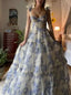Sexy A Line Long Blue Floral Formal Prom Dresses Blue And White Party Dresses