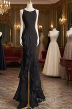 Sexy A Line Long Senior Chiffon Black Formal Prom Dresses Formal Dresses