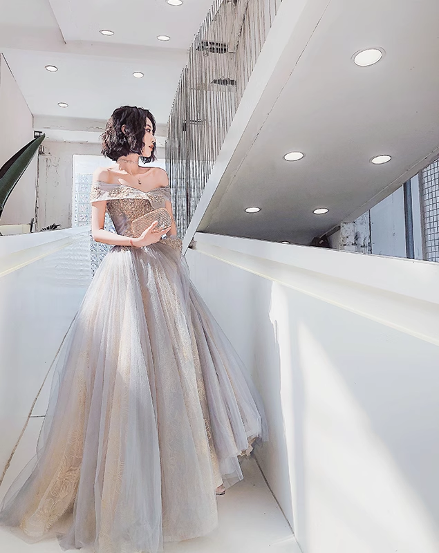 Sexy A line Off The Shoulder Gray Blue Prom Dresses Lace Long Prom Gown Secondary image