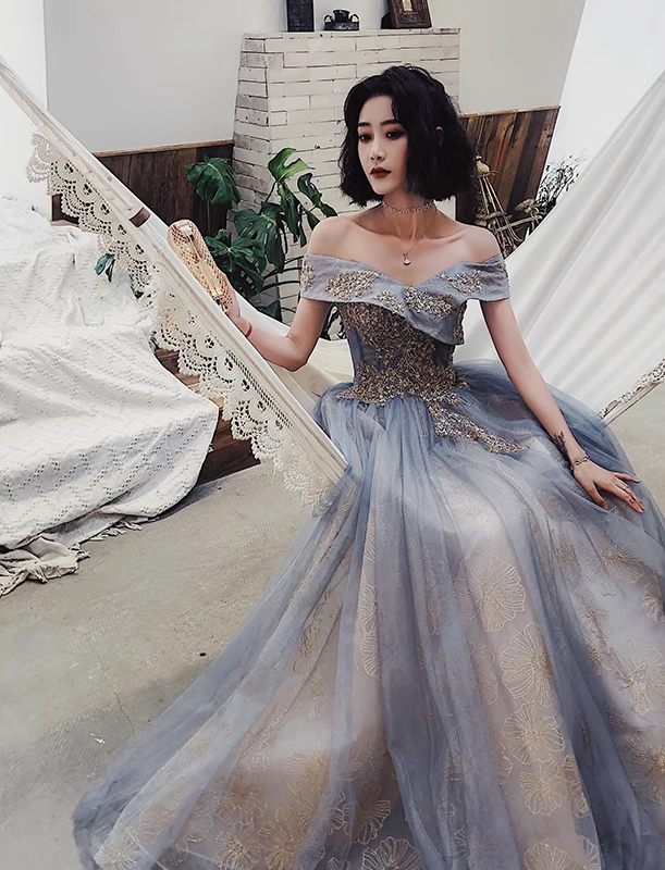 Sexy A line Off The Shoulder Gray Blue Prom Dresses Lace Long Prom Gown