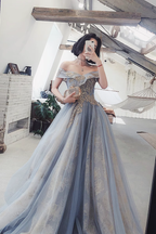 Sexy A line Off The Shoulder Gray Blue Prom Dresses Lace Long Prom Gown