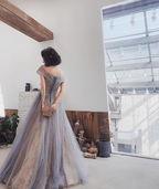 Sexy A line Off The Shoulder Gray Blue Prom Dresses Lace Long Prom Gown
