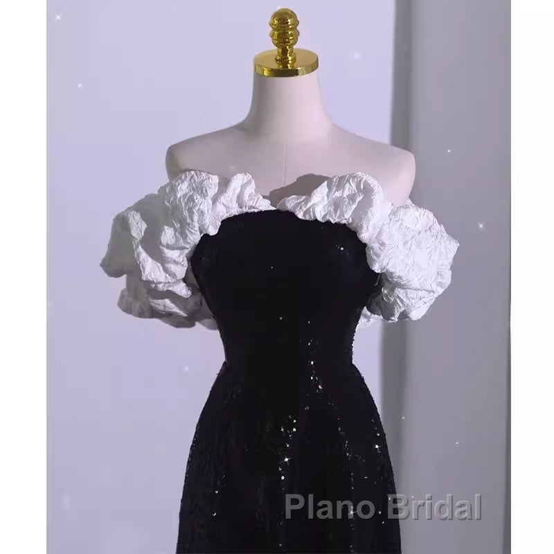 Sexy A Line Off The Shoulder Long Black Sequin Formal Prom Dresses