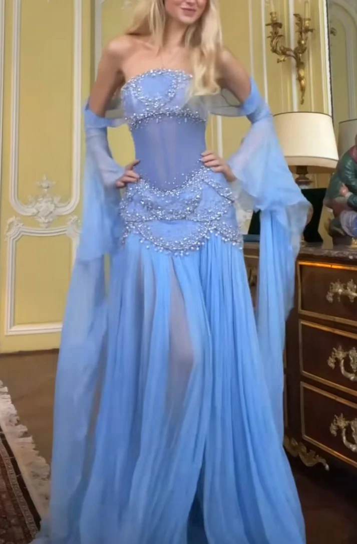 Sexy A Line Off The Shoulder Maxi Long Party Light Blue Chiffon Formal Prom Dresses Formal Evening Dresses