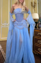 Sexy A Line Off The Shoulder Maxi Long Party Light Blue Chiffon Formal Prom Dresses Formal Evening Dresses