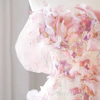 Sexy A Line Off The Shoulder Pink Tulle Floor Length Floral Formal Prom Dresses