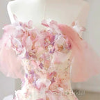 Sexy A Line Off The Shoulder Pink Tulle Floor Length Floral Formal Prom Dresses